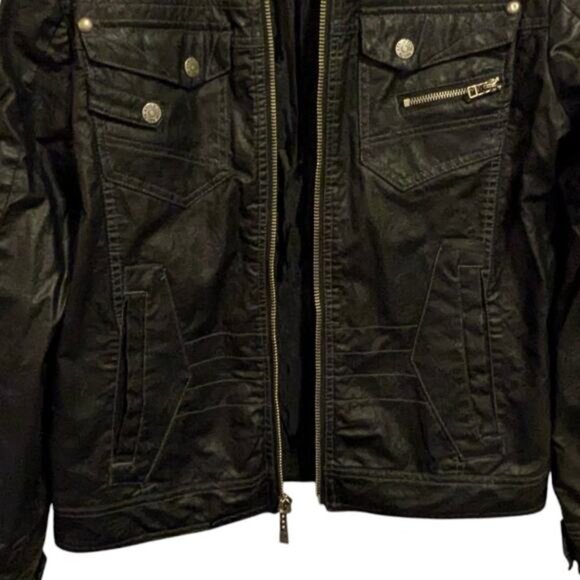 AFFLICTION Black Premium 73 Vegan Leather Zip Up Moto Jacket Zipper Pockets L - Picture 9 of 11